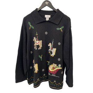Vintage 90s Christmas Holiday Horse Sleigh Carousel Collared Ugly Sweater Size 2